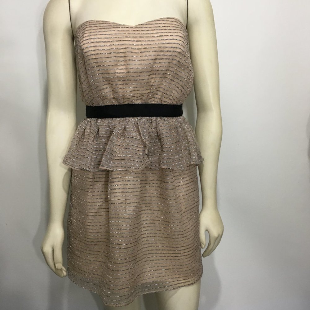 BCBGeneration 0 Strapless Peplum Beige Metallic Dress Strapless NEW